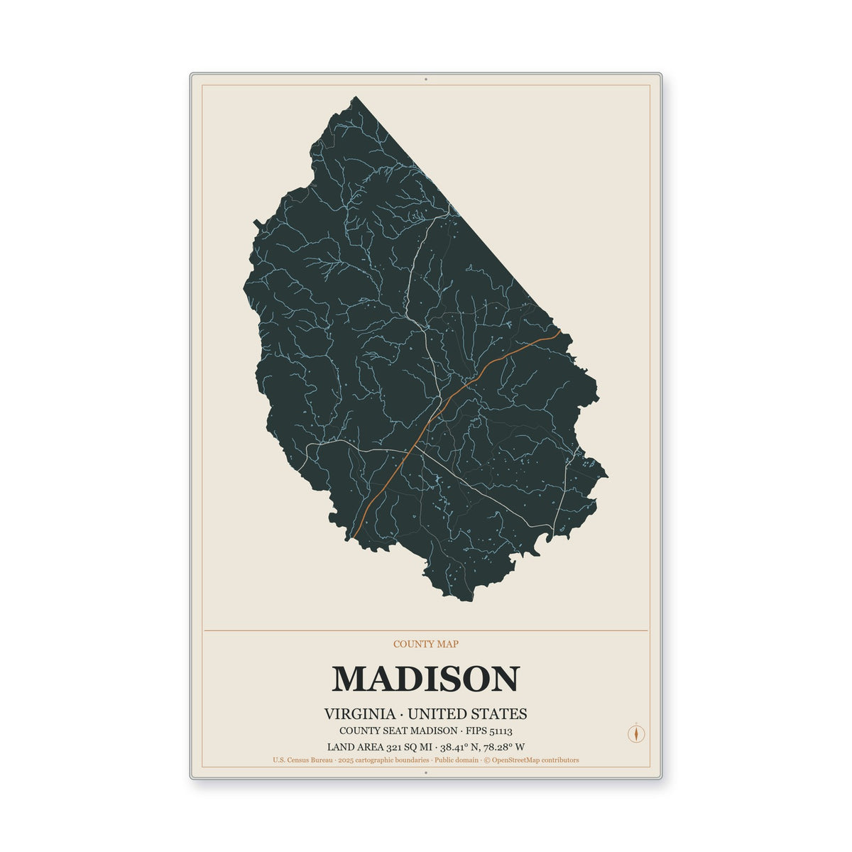 Madison County, Virginia Map Aluminum Sign in Headline Atlas style