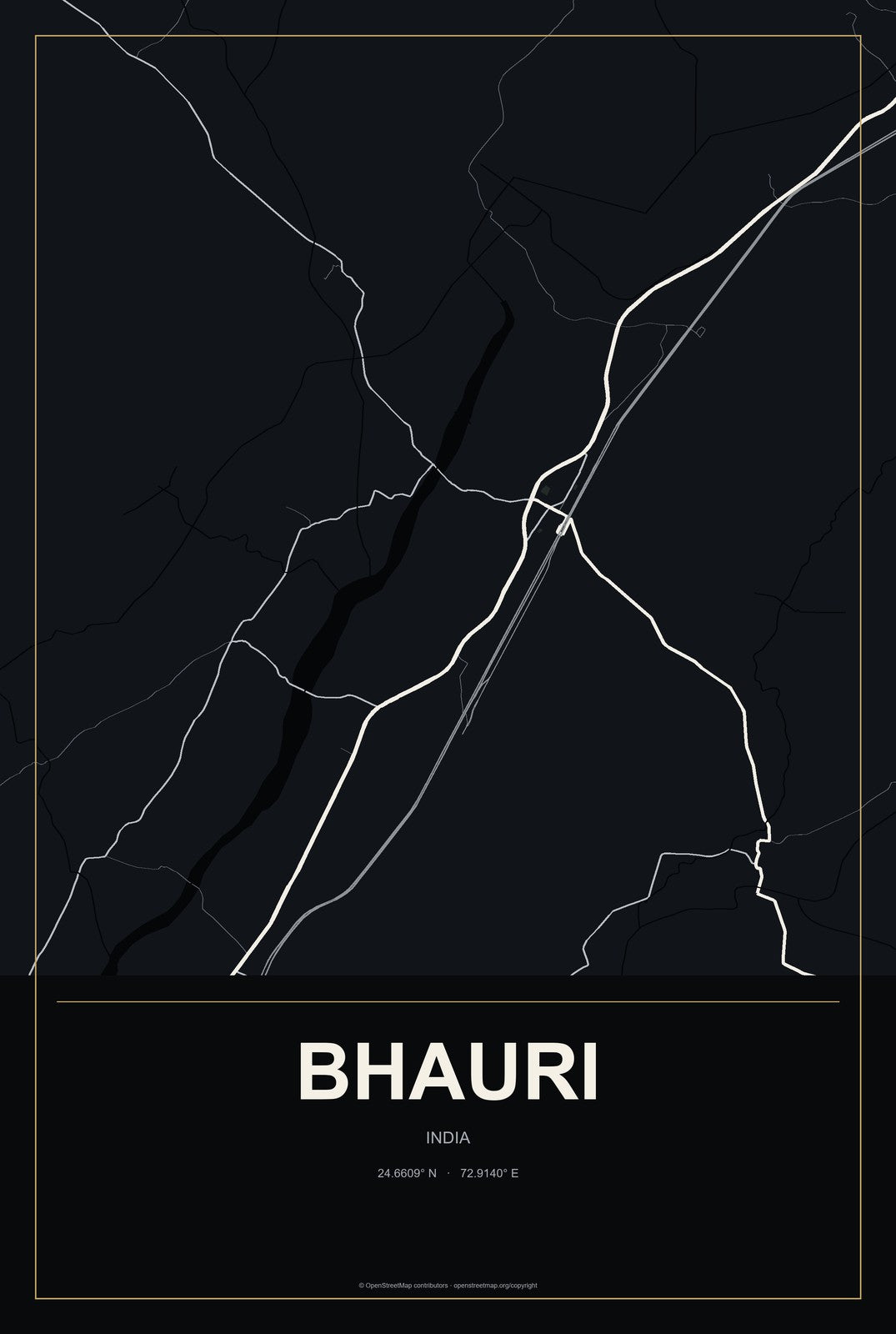 Bhauri, India City Map Aluminum Sign in Metropolitan Noir style