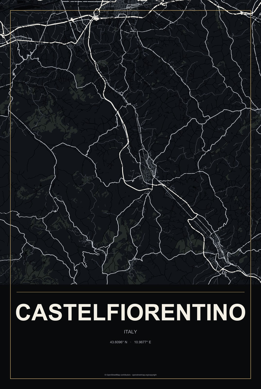 Castelfiorentino, Italy City Map Aluminum Sign in Metropolitan Noir style