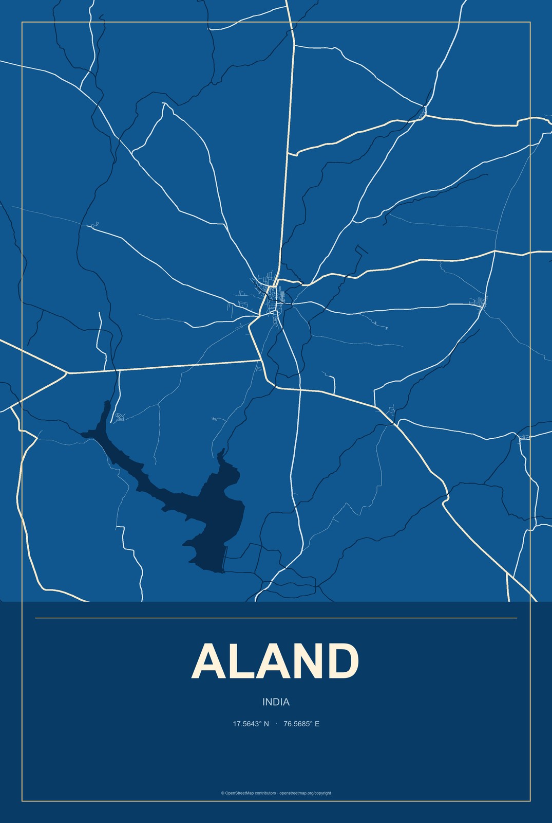 Aland, India City Map Aluminum Sign in Harbor Cobalt style