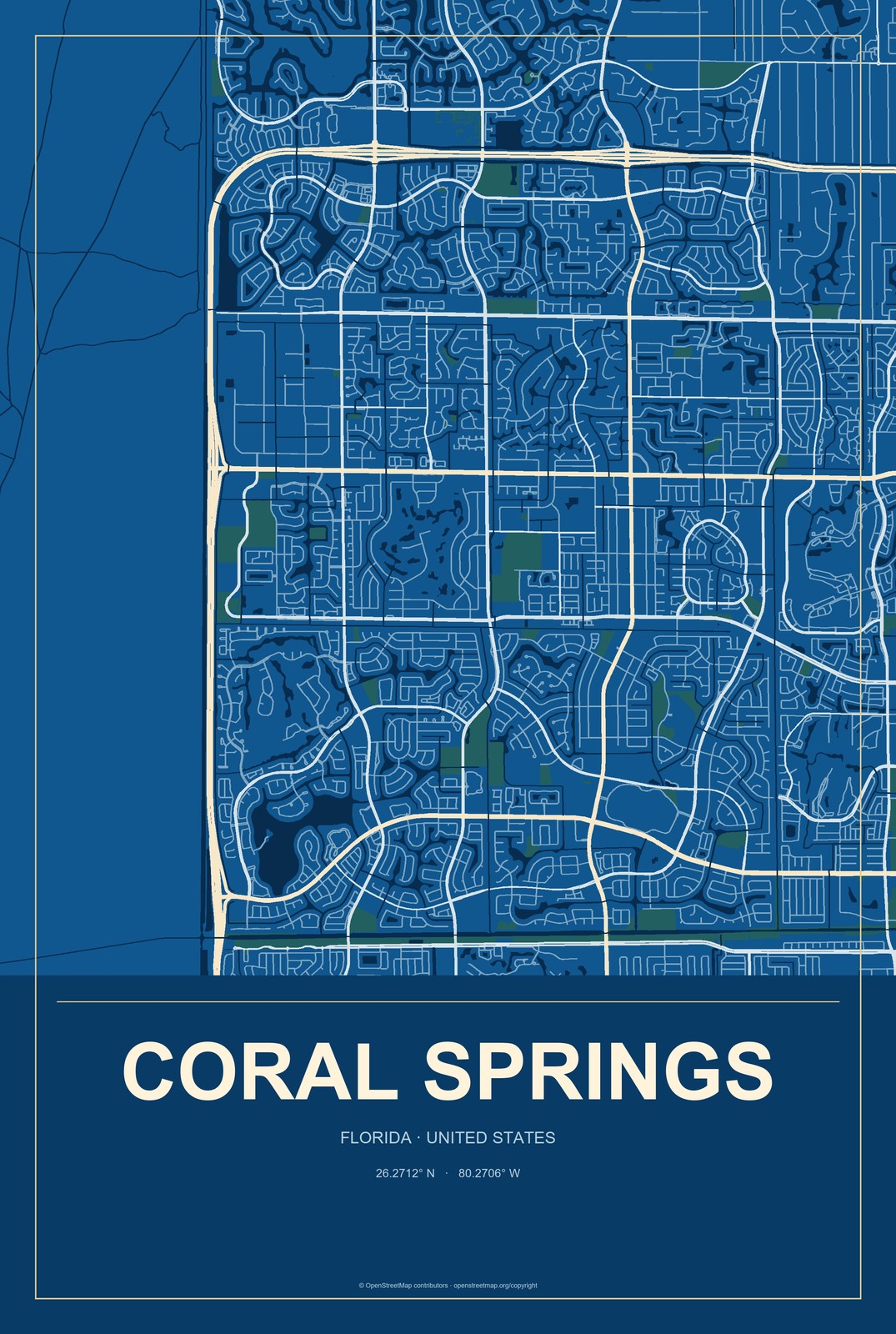 Coral Springs, Florida City Map Aluminum Sign in Harbor Cobalt style