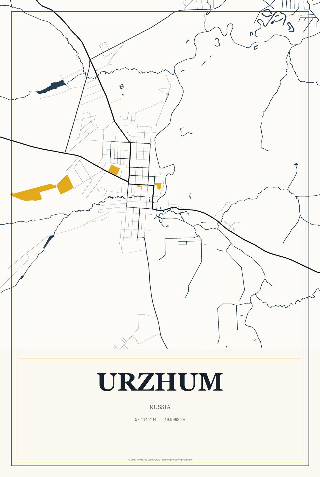 Urzhum, Russia City Map Aluminum Sign in Citrine Modern style