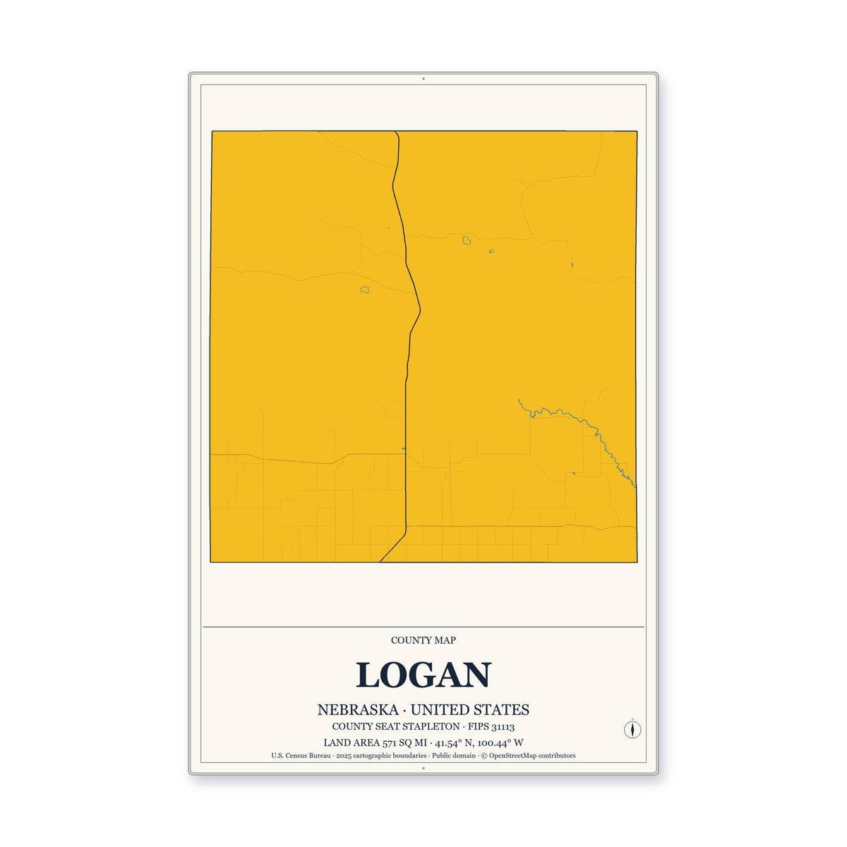 Logan County, Nebraska Map Aluminum Sign in Citrine Modern style
