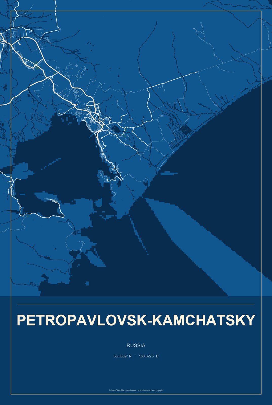 Petropavlovsk-Kamchatsky, Russia City Map Aluminum Sign in Harbor Cobalt style