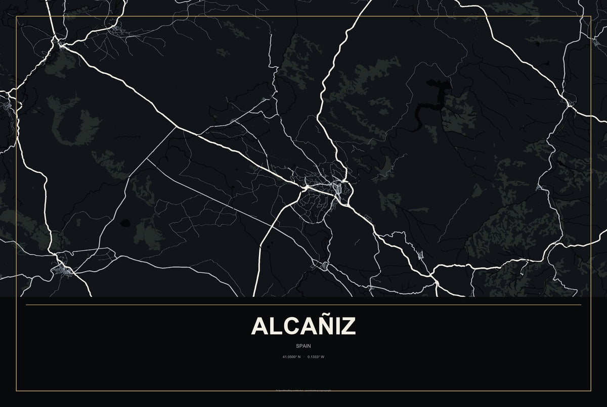 Alcañiz, Spain City Map Aluminum Sign in Metropolitan Noir style