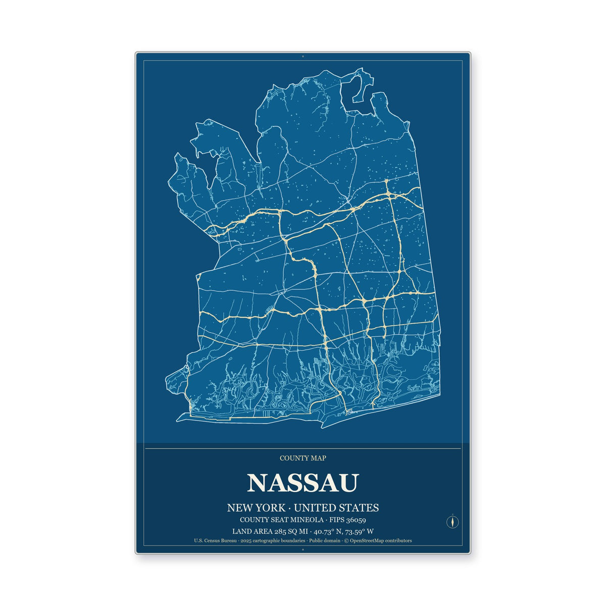 Nassau County, New York Map Aluminum Sign in Harbor Cobalt style