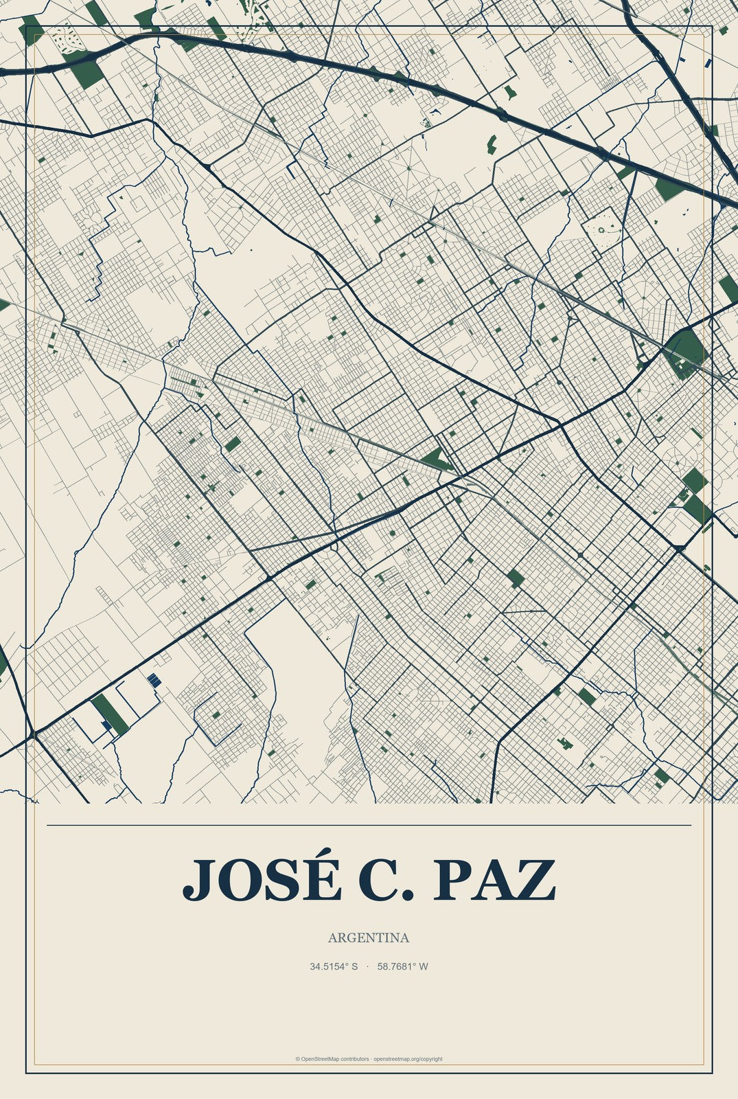 José C. Paz, Argentina City Map Aluminum Sign in Coastal Cutout style