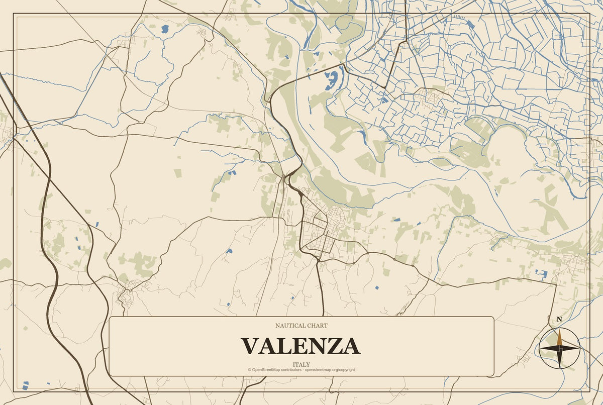 Valenza, Italy City Map Aluminum Sign in Heritage Nautical style