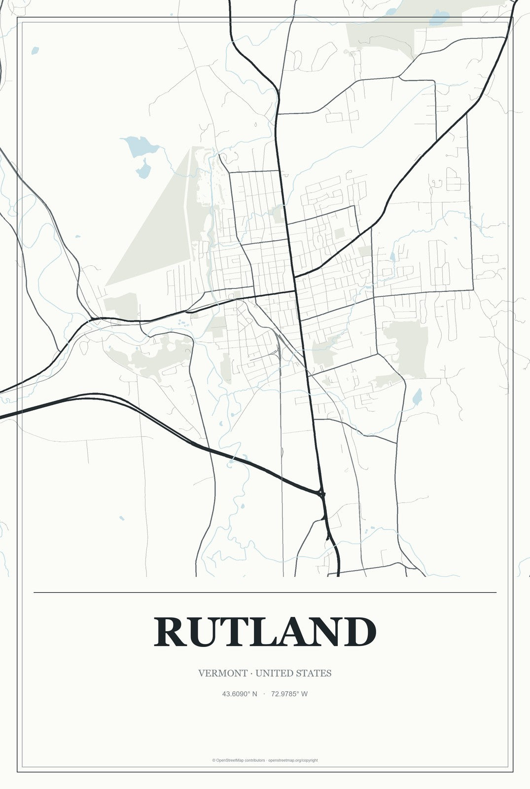 Rutland, Vermont City Map Aluminum Sign in Gallery Air style