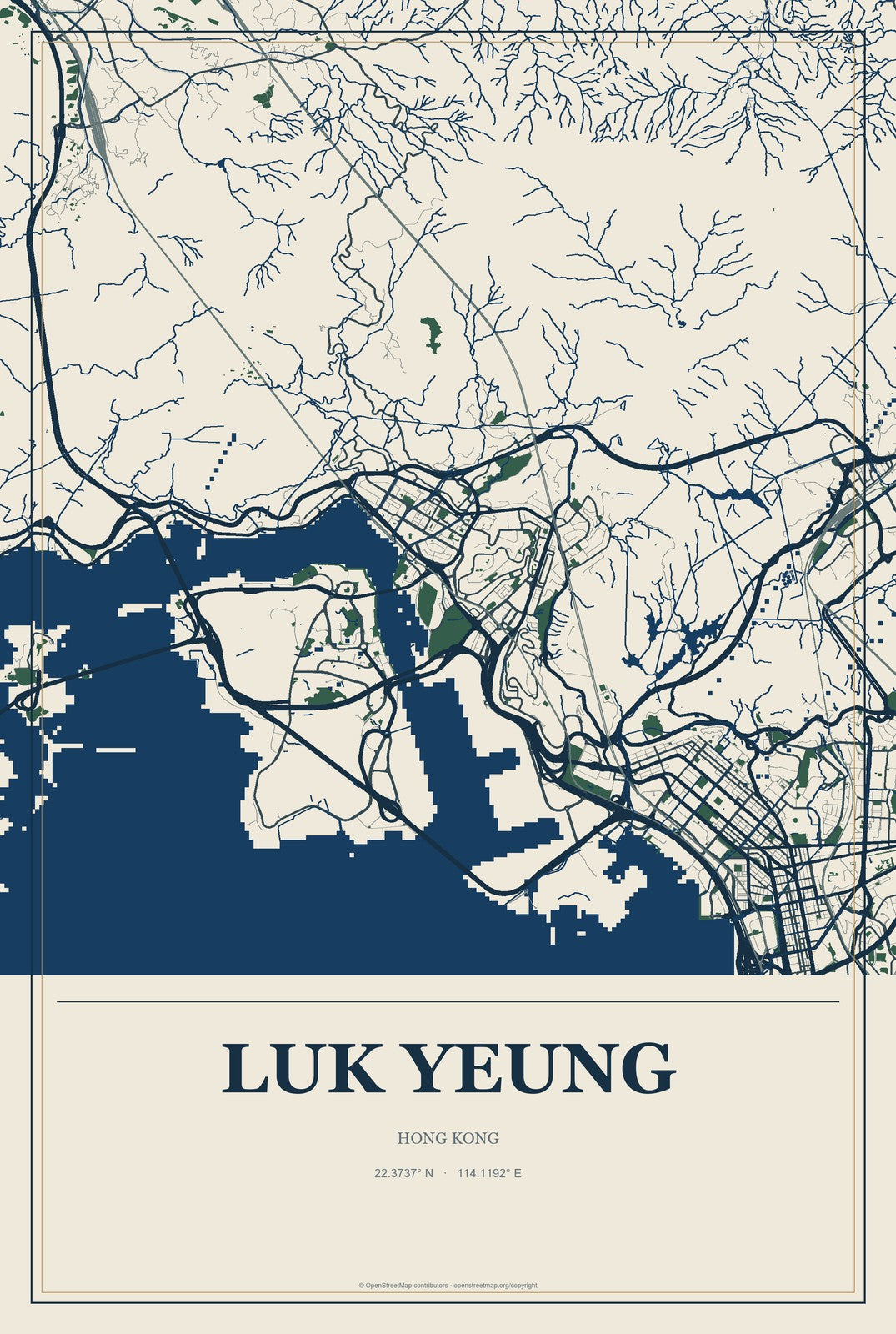 Luk Yeung, Hong Kong City Map Aluminum Sign in Coastal Cutout style