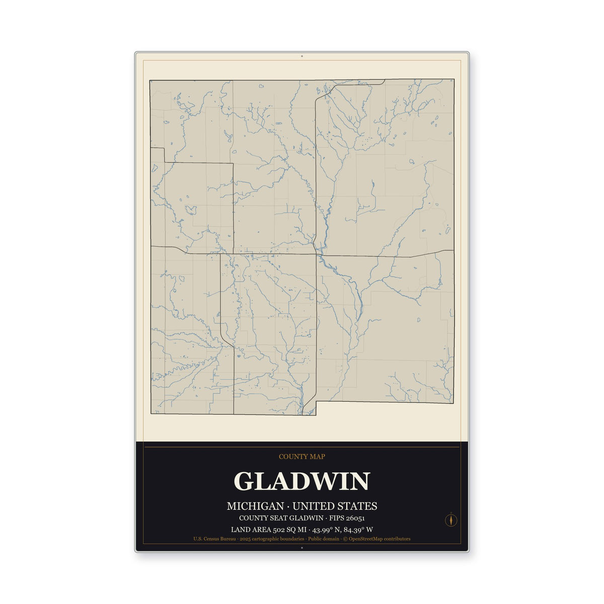 Gladwin County, Michigan Map Aluminum Sign in Museum Plaque style