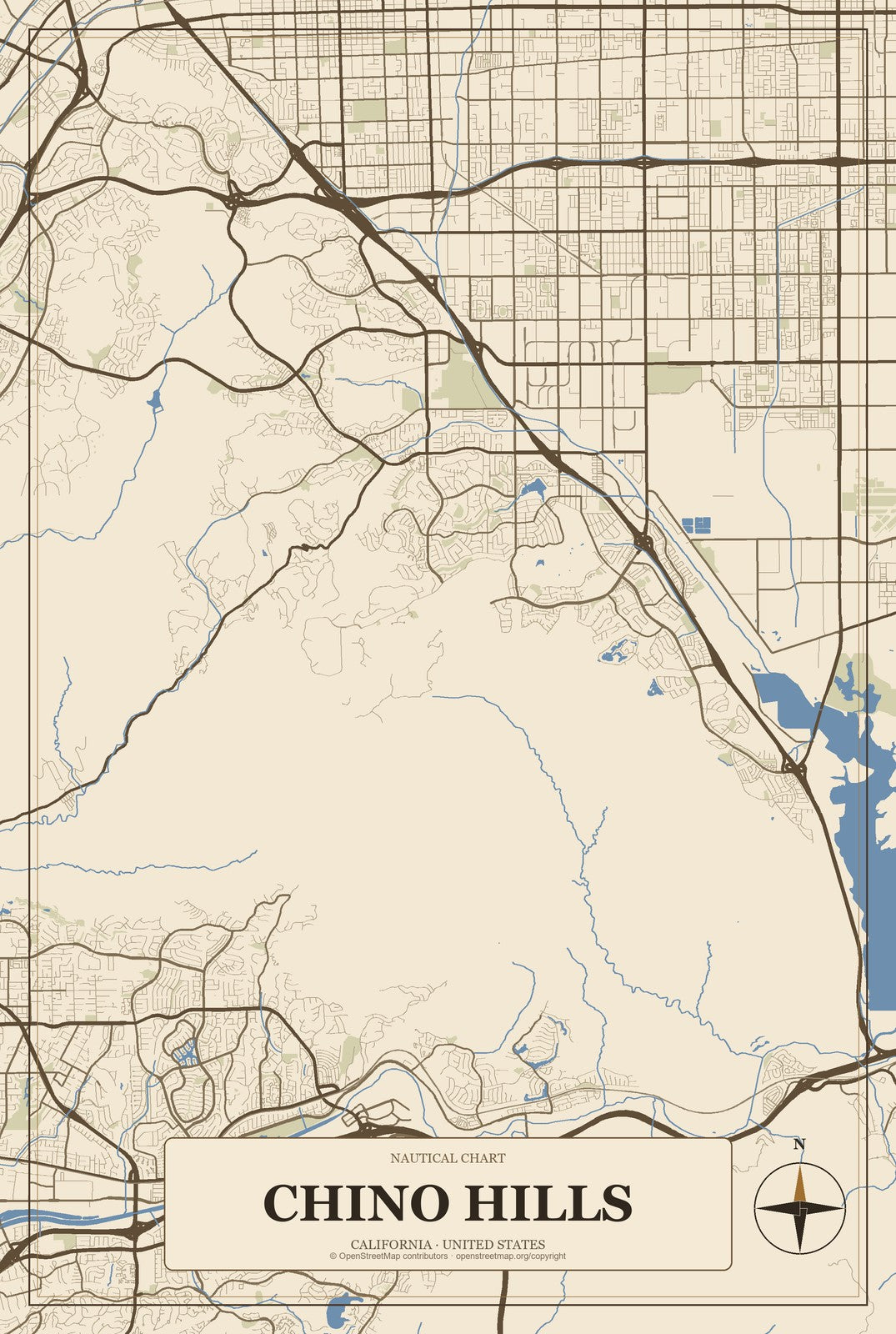 Chino Hills, California City Map Aluminum Sign in Heritage Nautical style