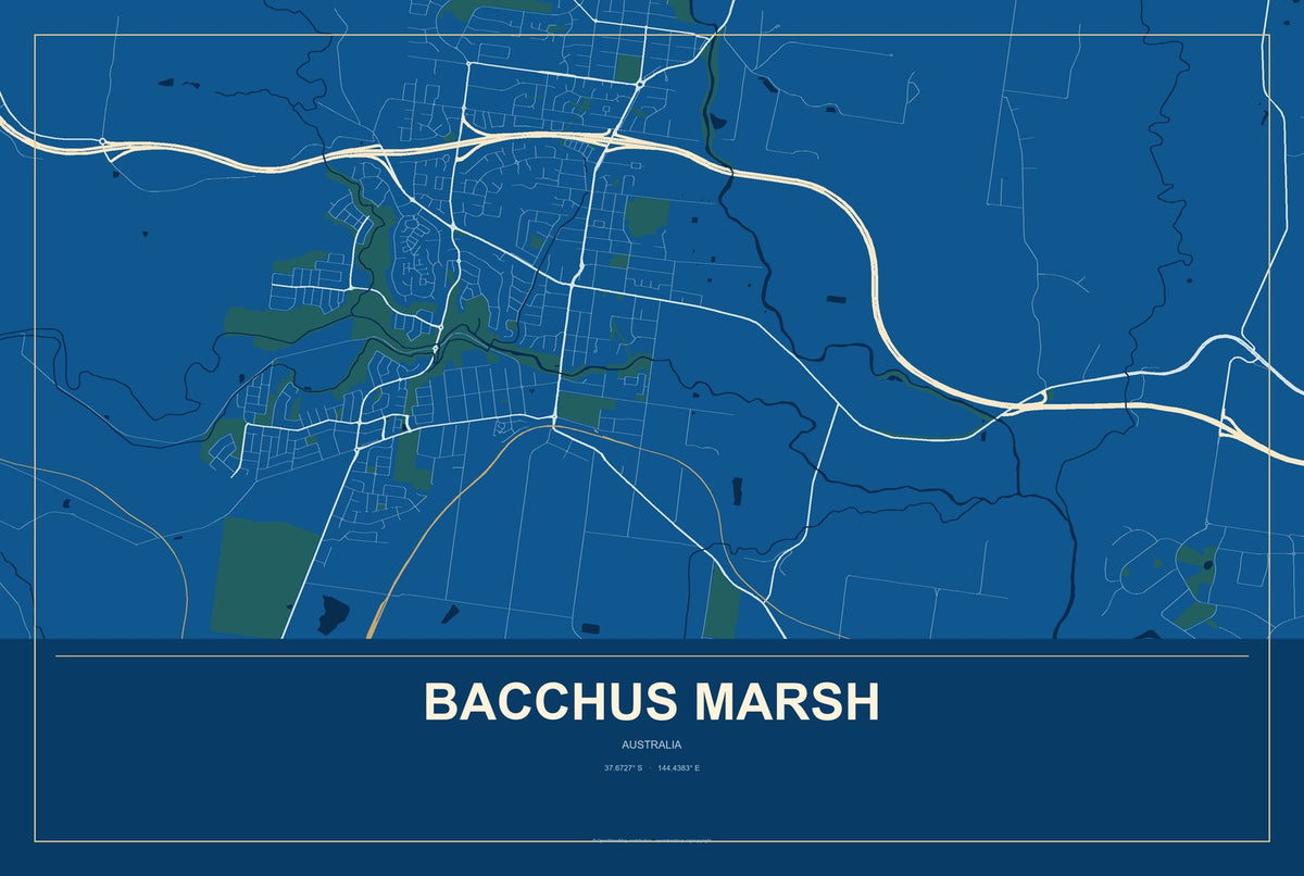 Bacchus Marsh, Australia City Map Aluminum Sign in Harbor Cobalt style