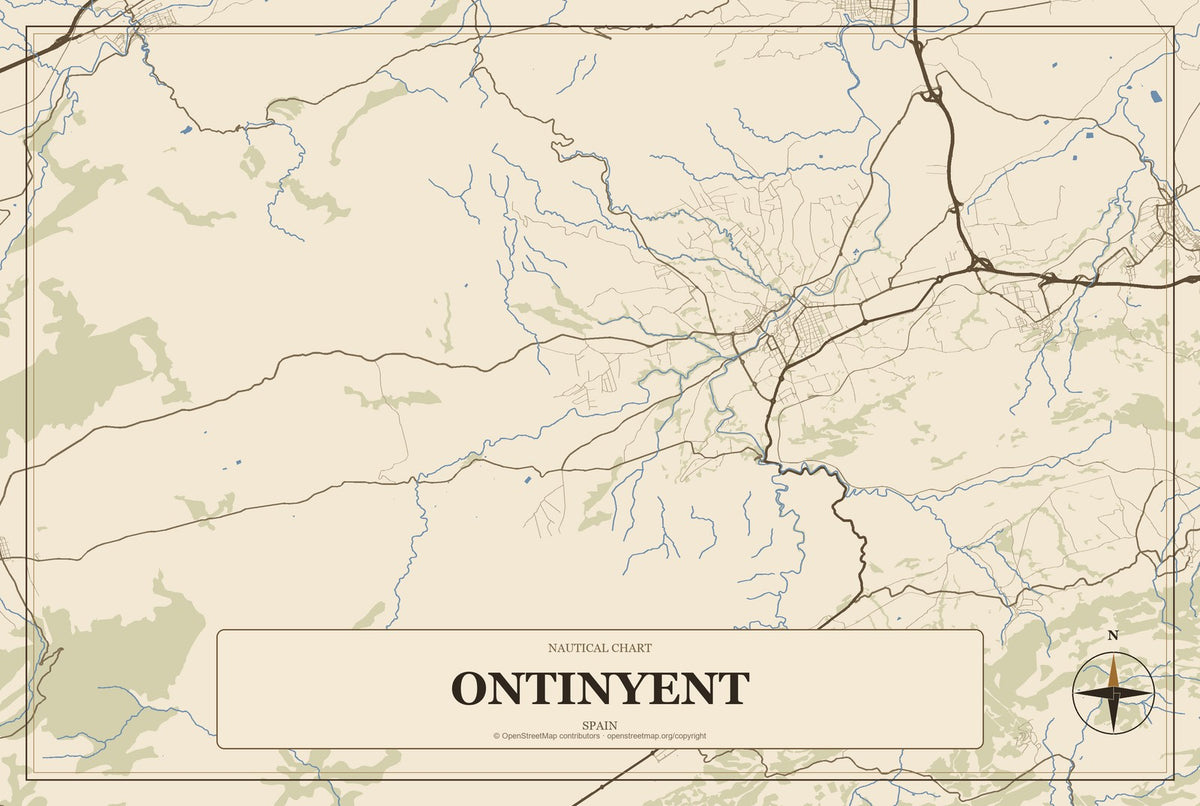 Ontinyent, Spain City Map Aluminum Sign in Heritage Nautical style