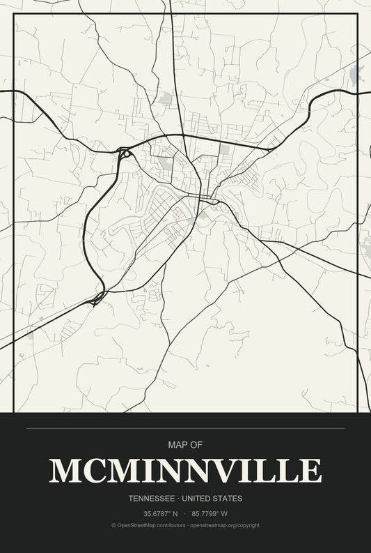 McMinnville, Tennessee City Map Aluminum Sign in Museum Plaque style
