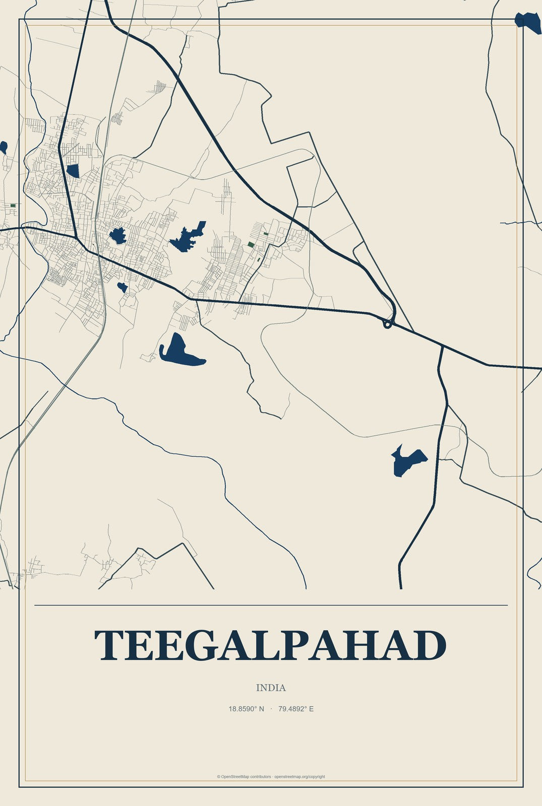 Teegalpahad, India City Map Aluminum Sign in Coastal Cutout style