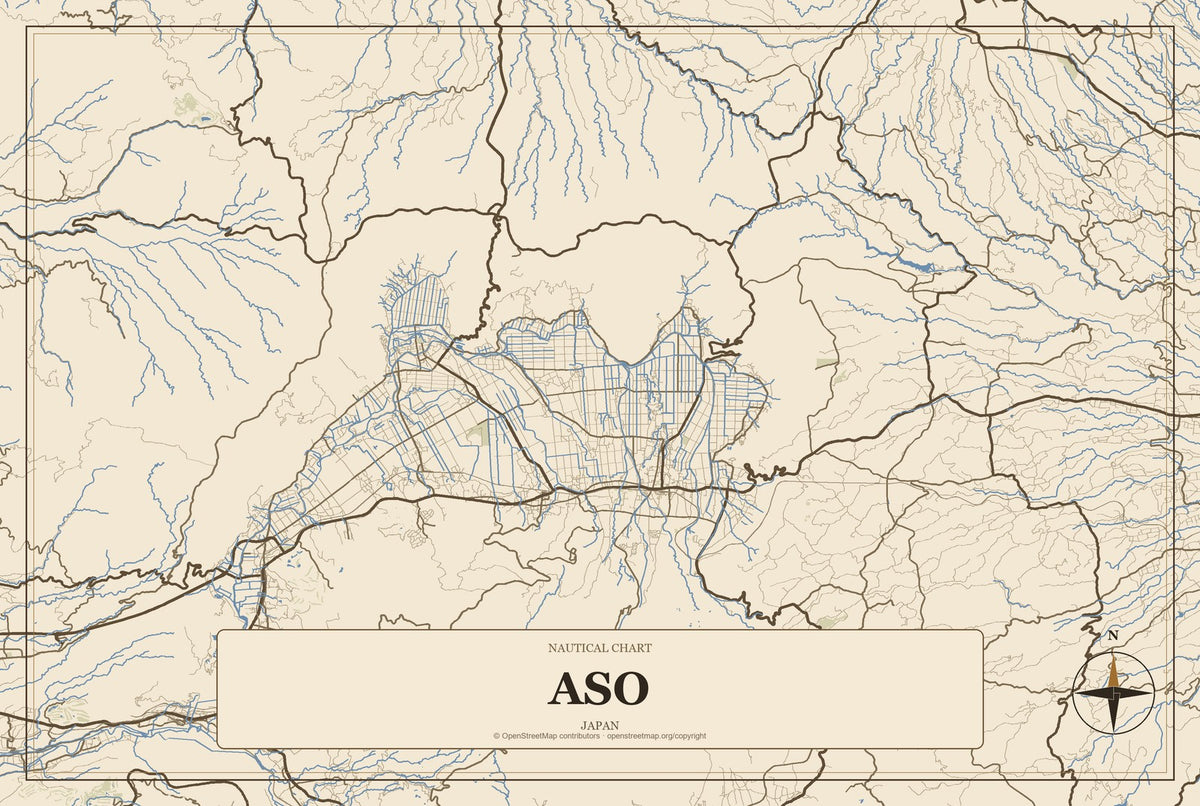 Aso, Japan City Map Aluminum Sign in Heritage Nautical style