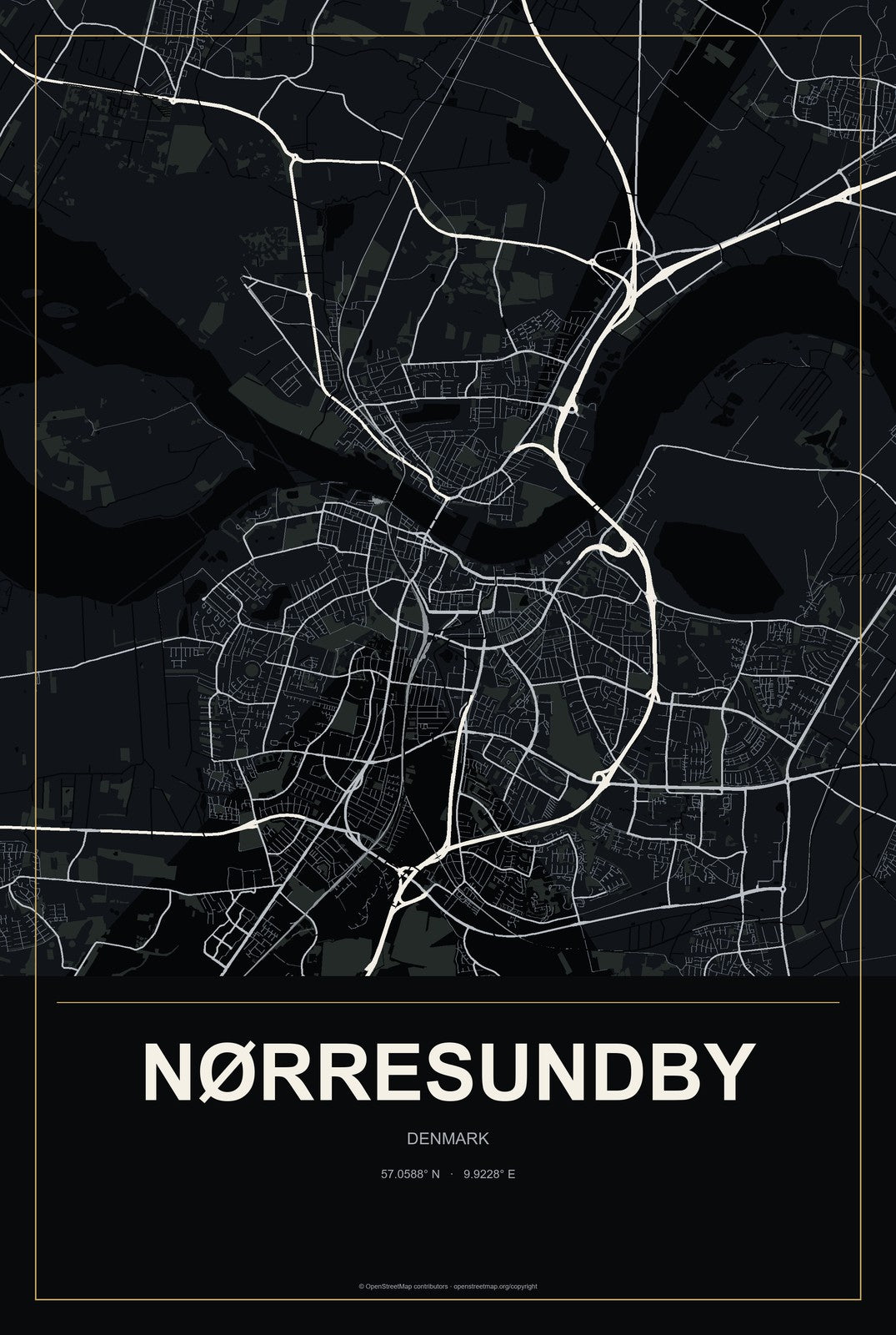 Nørresundby, Denmark City Map Aluminum Sign in Metropolitan Noir style
