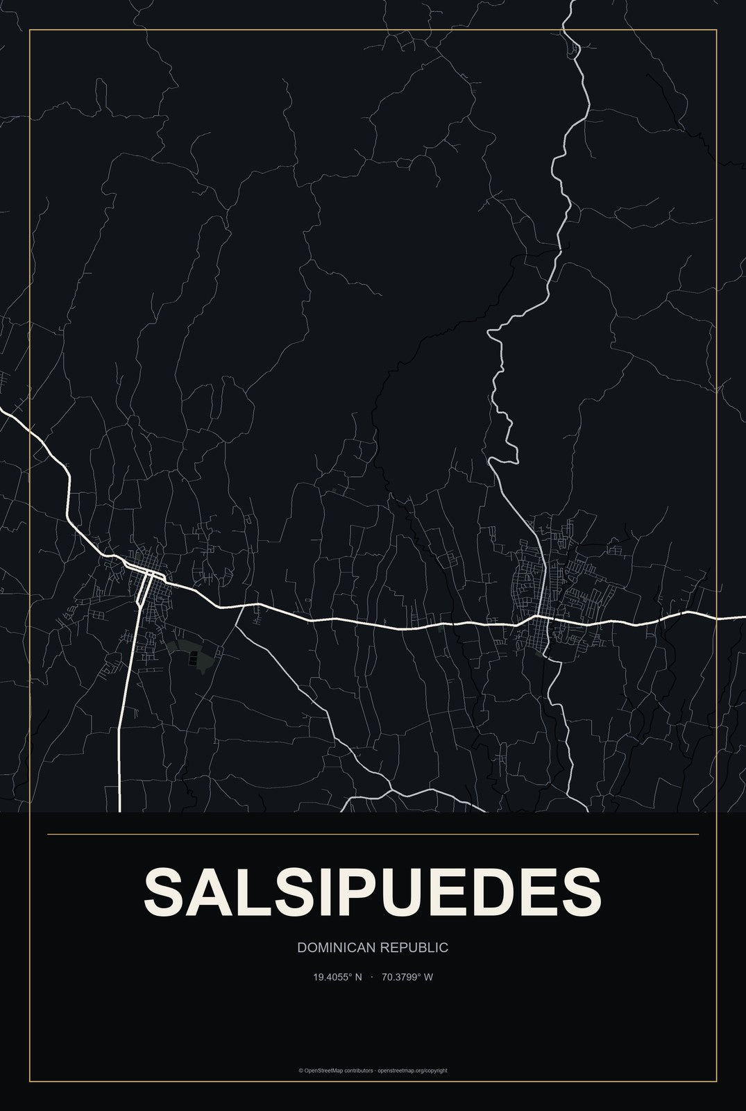 Salsipuedes, Dominican Republic City Map Aluminum Sign in Metropolitan Noir style