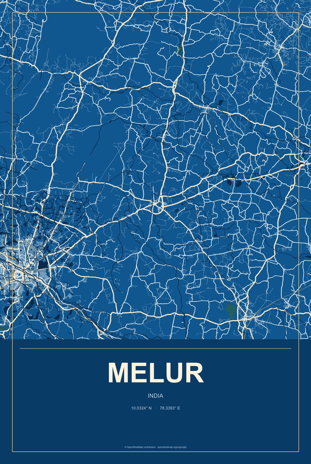 Melur, India City Map Aluminum Sign in Harbor Cobalt style