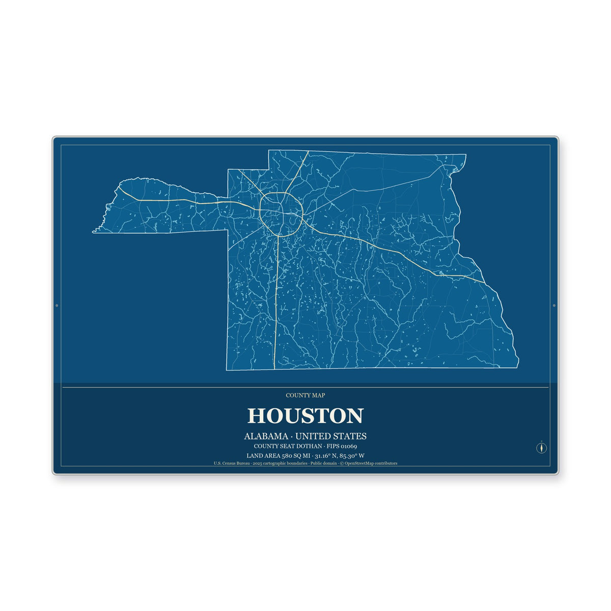 Houston County, Alabama Map Aluminum Sign in Harbor Cobalt style