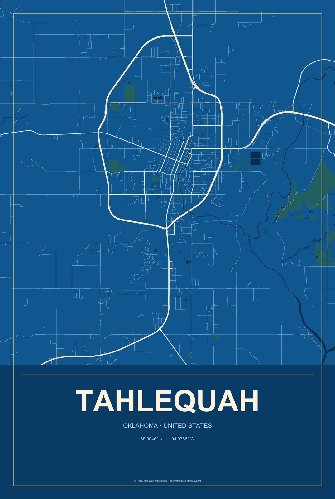 Tahlequah, Oklahoma City Map Aluminum Sign in Harbor Cobalt style
