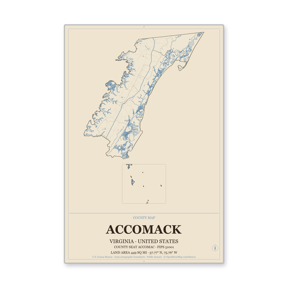 Accomack County, Virginia Map Aluminum Sign in Heritage Nautical style