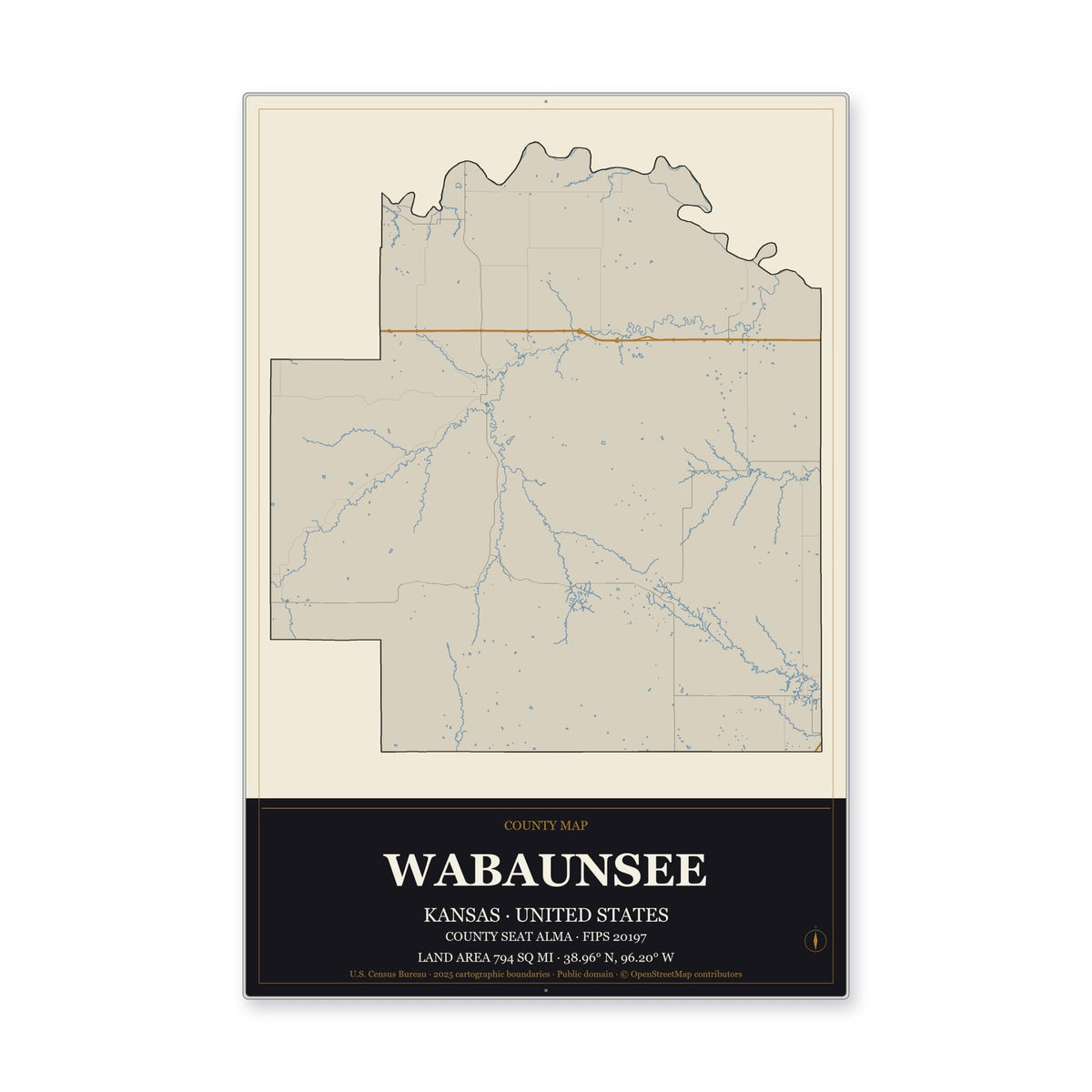 Wabaunsee County, Kansas Map Aluminum Sign in Museum Plaque style