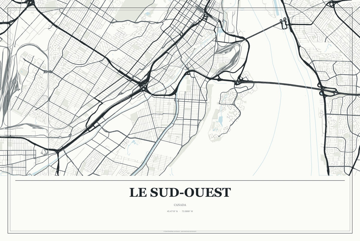 Le Sud-Ouest, Canada City Map Aluminum Sign in Gallery Air style
