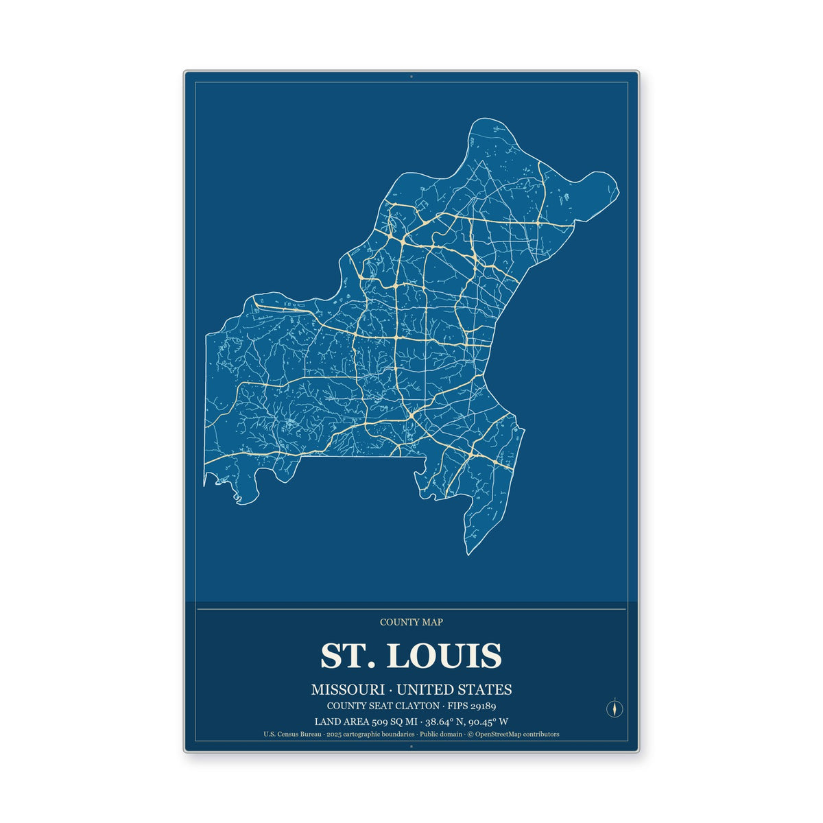 St. Louis County, Missouri Map Aluminum Sign in Harbor Cobalt style