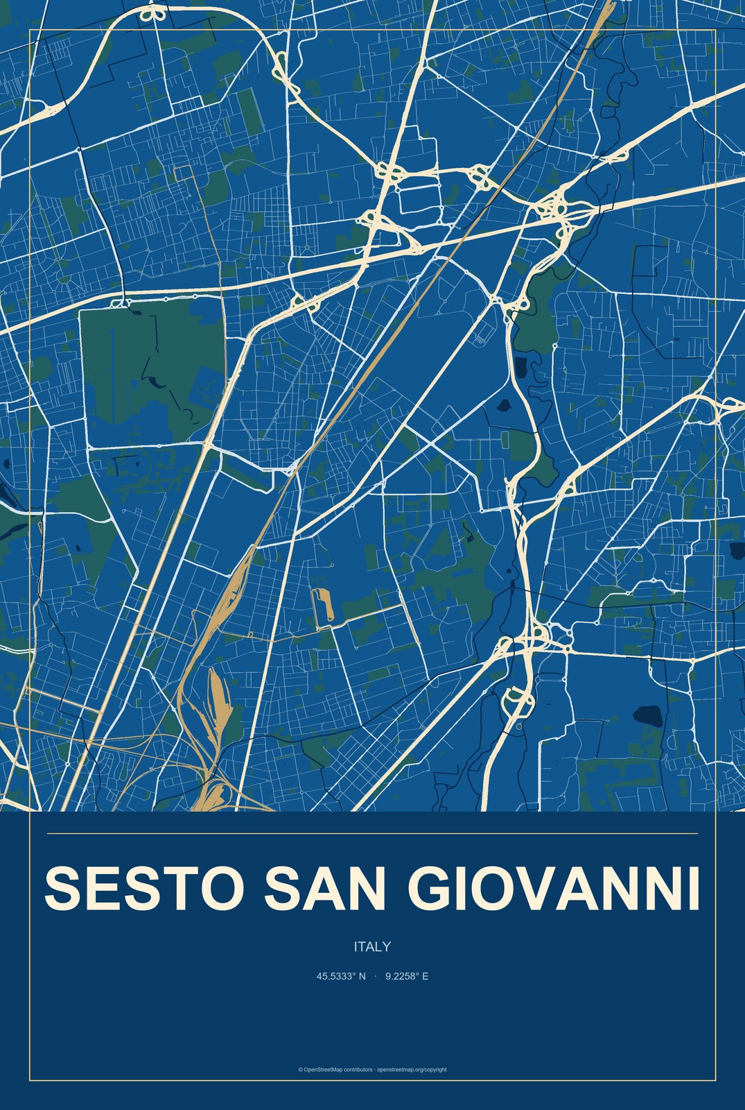 Sesto San Giovanni, Italy City Map Aluminum Sign in Harbor Cobalt style