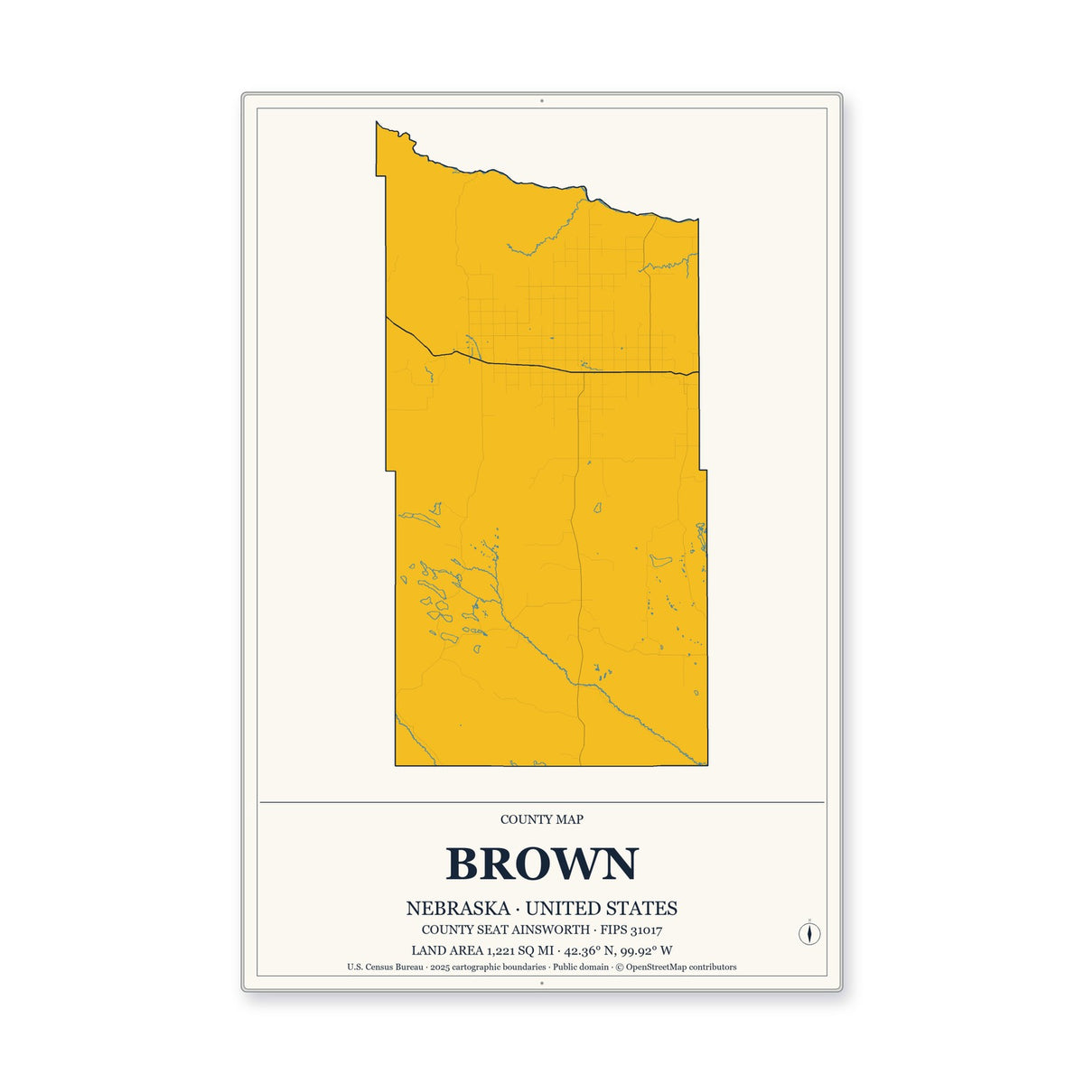 Brown County, Nebraska Map Aluminum Sign in Citrine Modern style