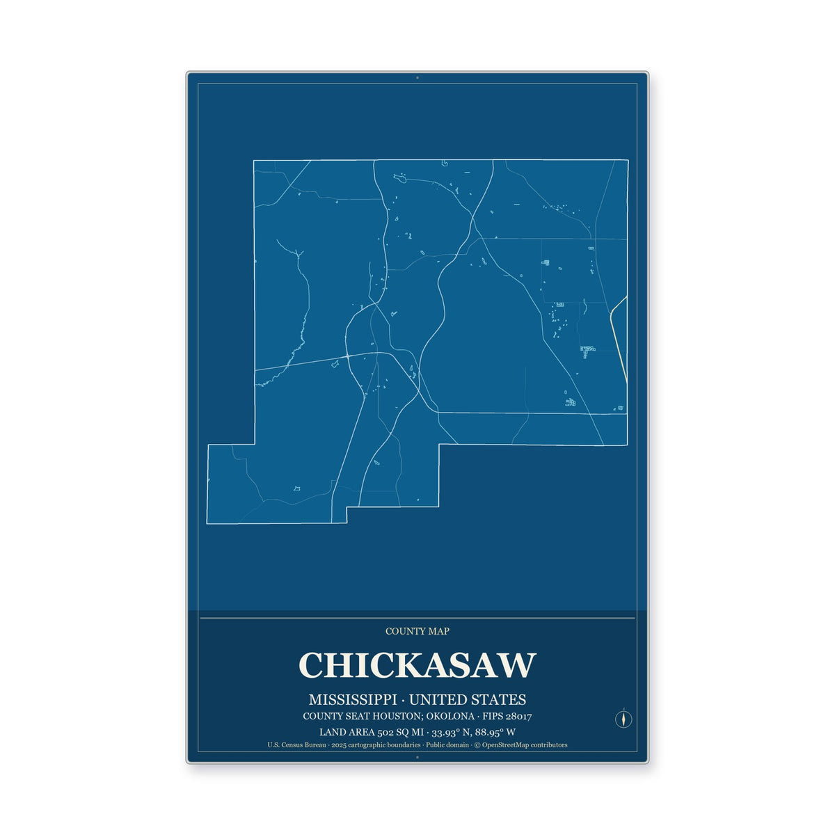 Chickasaw County, Mississippi Map Aluminum Sign in Harbor Cobalt style