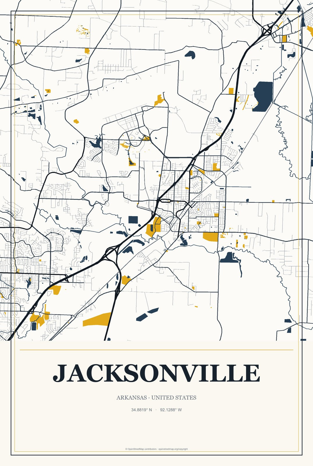 Jacksonville, Arkansas City Map Aluminum Sign in Citrine Modern style