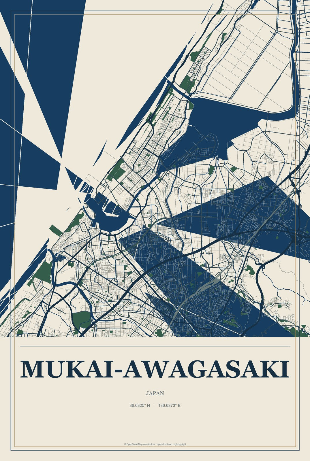 Mukai-awagasaki, Japan City Map Aluminum Sign in Coastal Cutout style