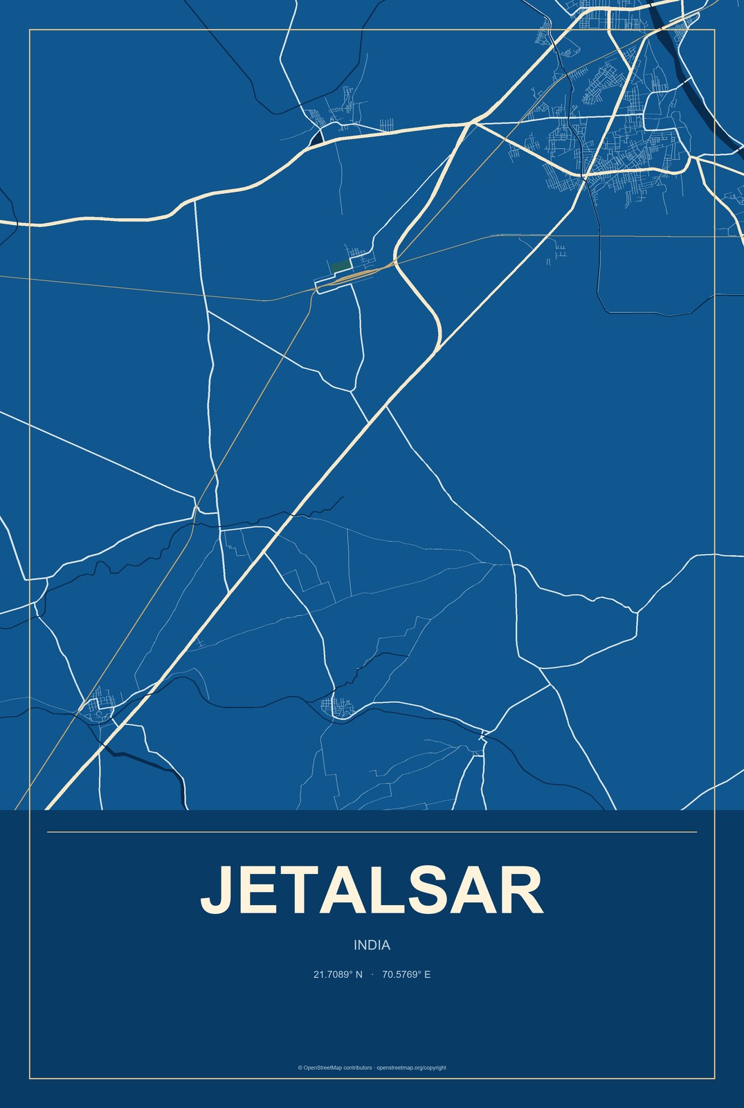 Jetalsar, India City Map Aluminum Sign in Harbor Cobalt style
