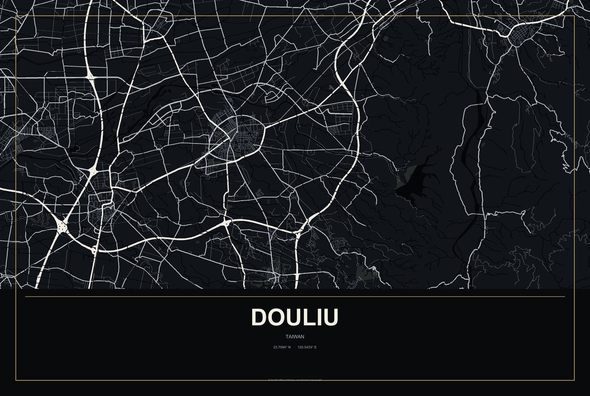 Douliu, Taiwan City Map Aluminum Sign in Metropolitan Noir style