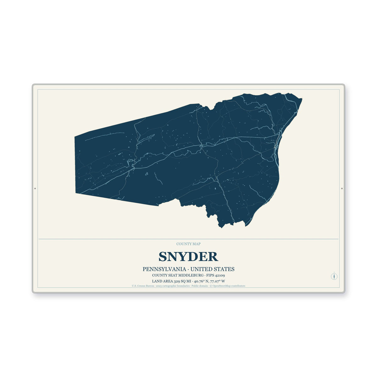 Snyder County, Pennsylvania Map Aluminum Sign in Coastal Cutout style