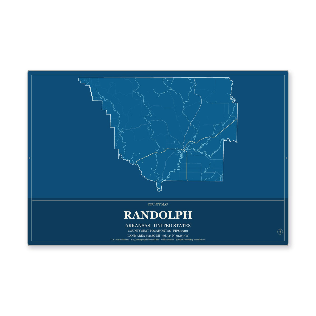 Randolph County, Arkansas Map Aluminum Sign in Harbor Cobalt style