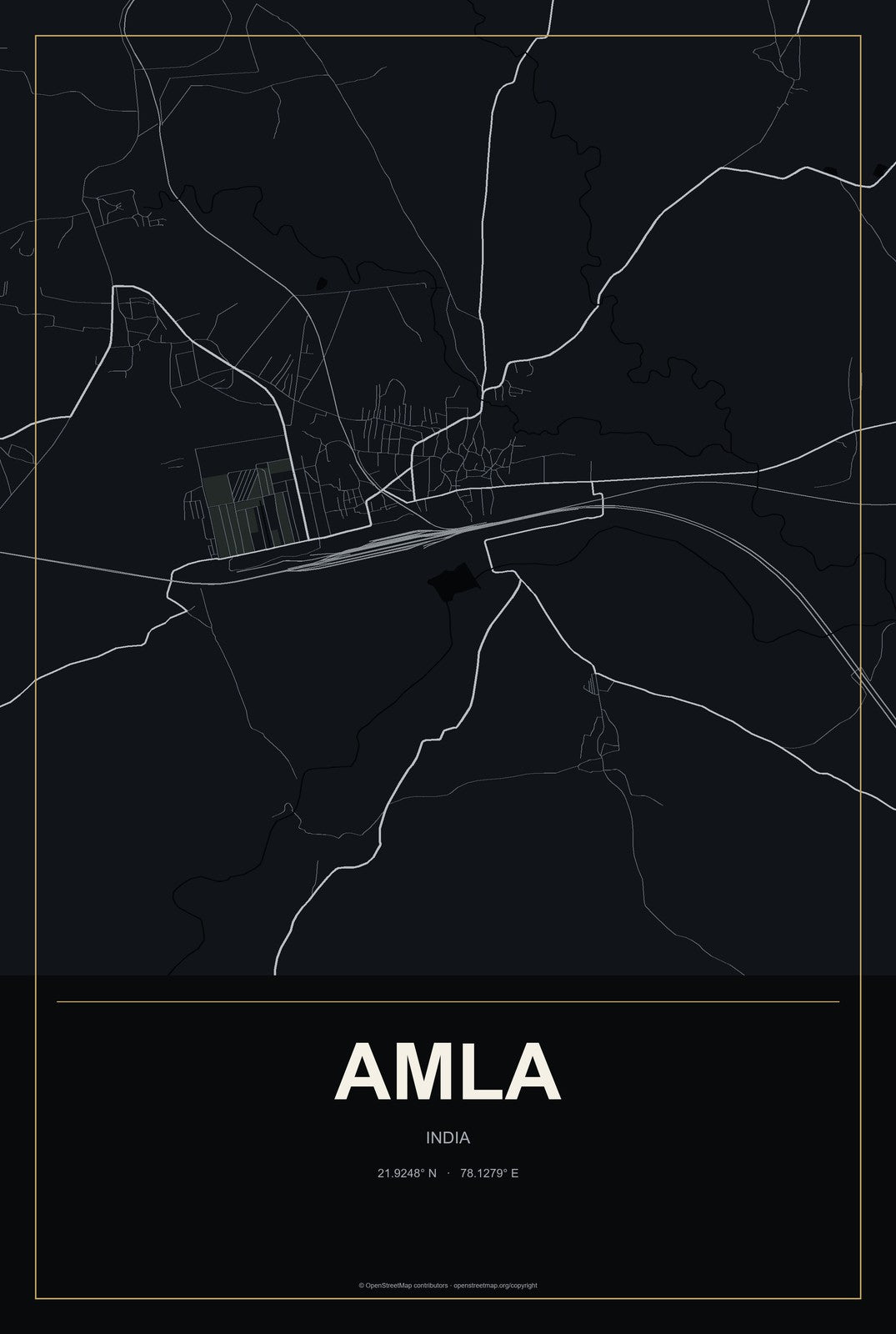 Amla, India City Map Aluminum Sign in Metropolitan Noir style