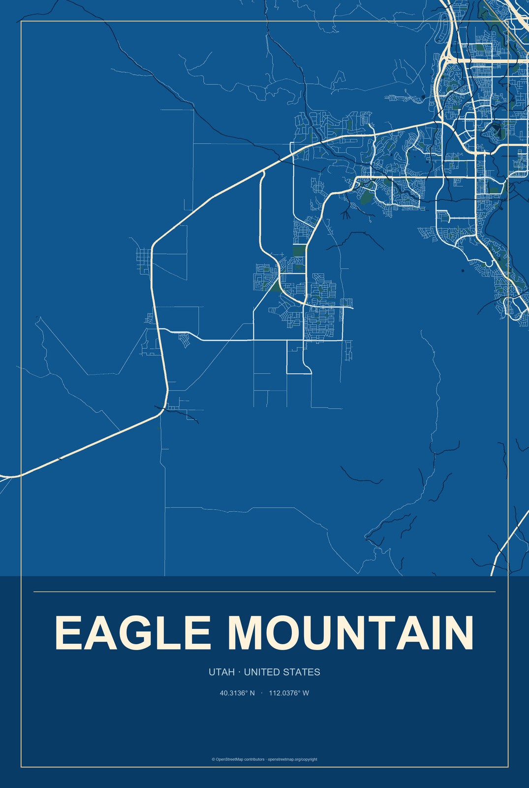 Eagle Mountain, Utah City Map Aluminum Sign in Harbor Cobalt style