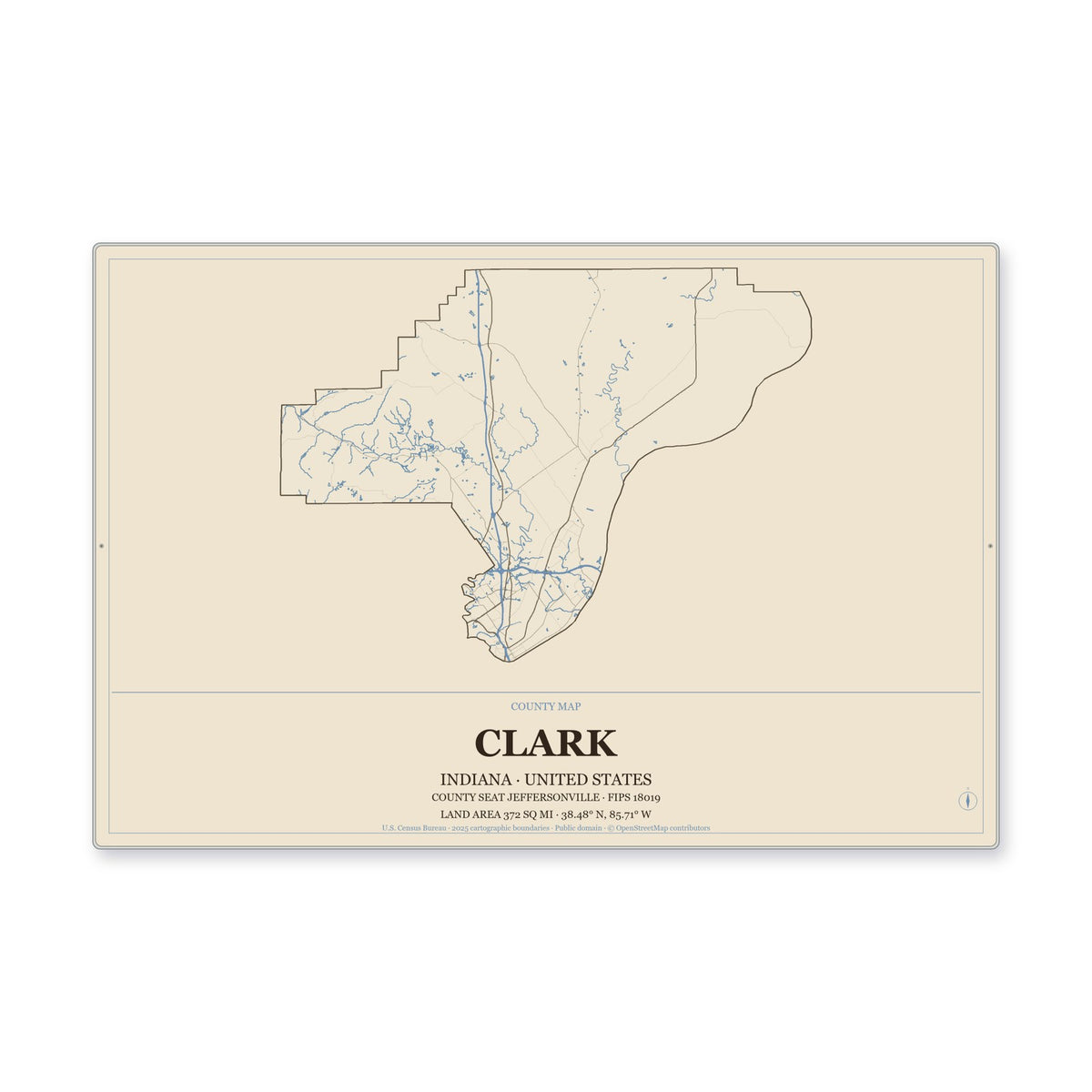 Clark County, Indiana Map Aluminum Sign in Heritage Nautical style