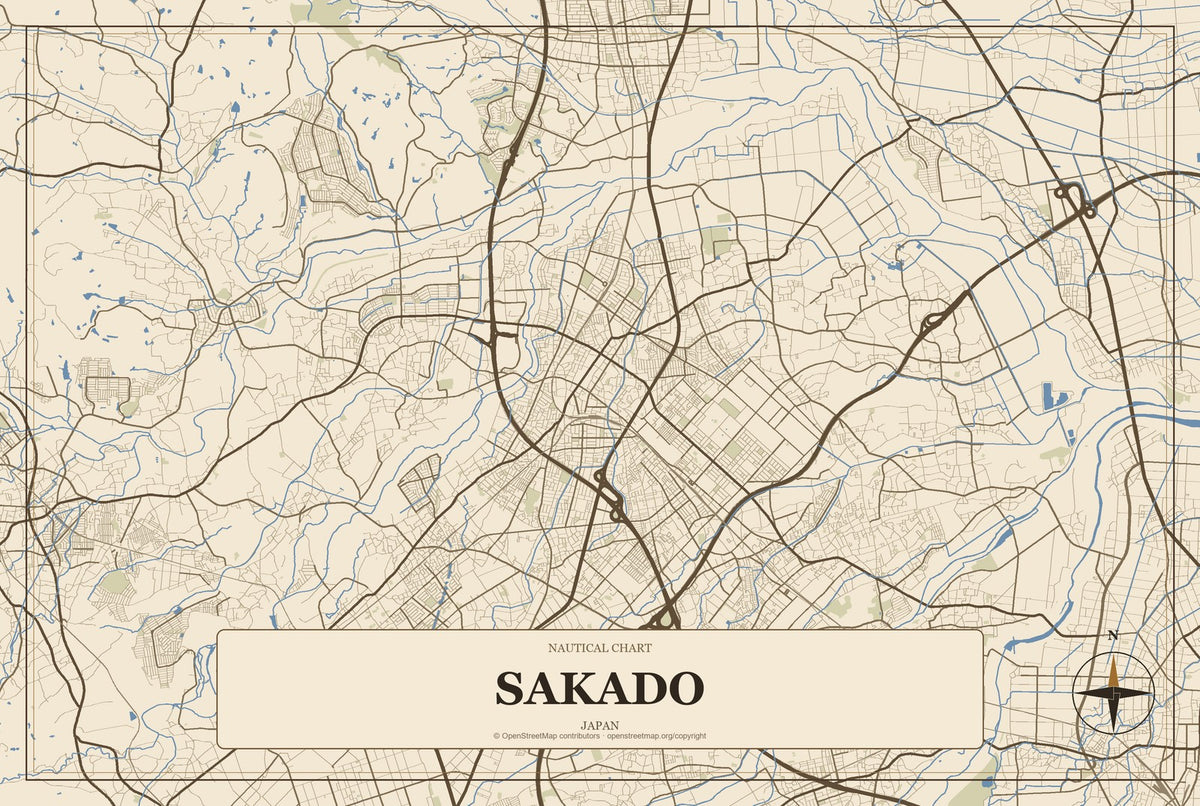 Sakado, Japan City Map Aluminum Sign in Heritage Nautical style