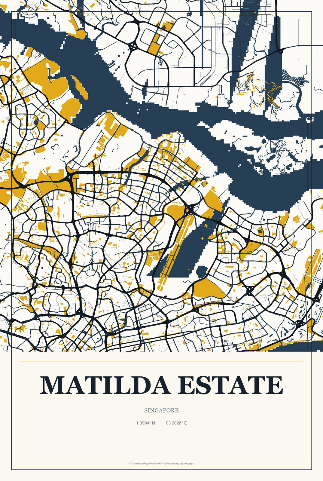 Matilda Estate, Singapore City Map Aluminum Sign in Citrine Modern style
