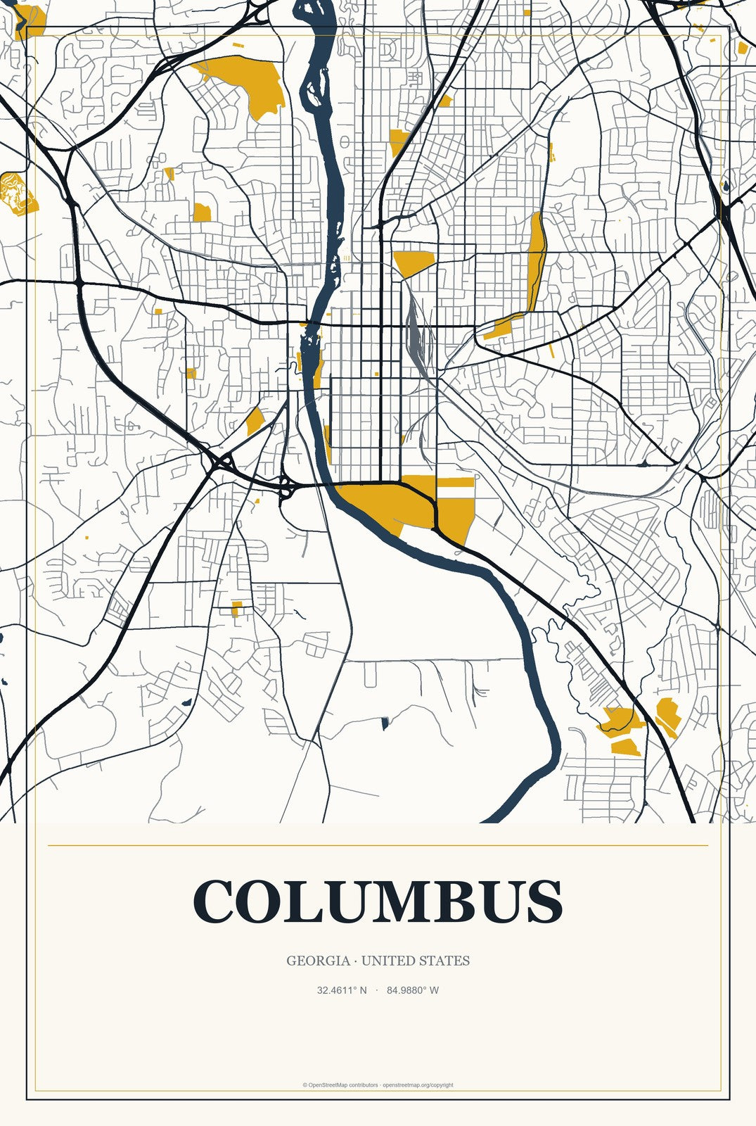Columbus, Georgia City Map Aluminum Sign in Citrine Modern style