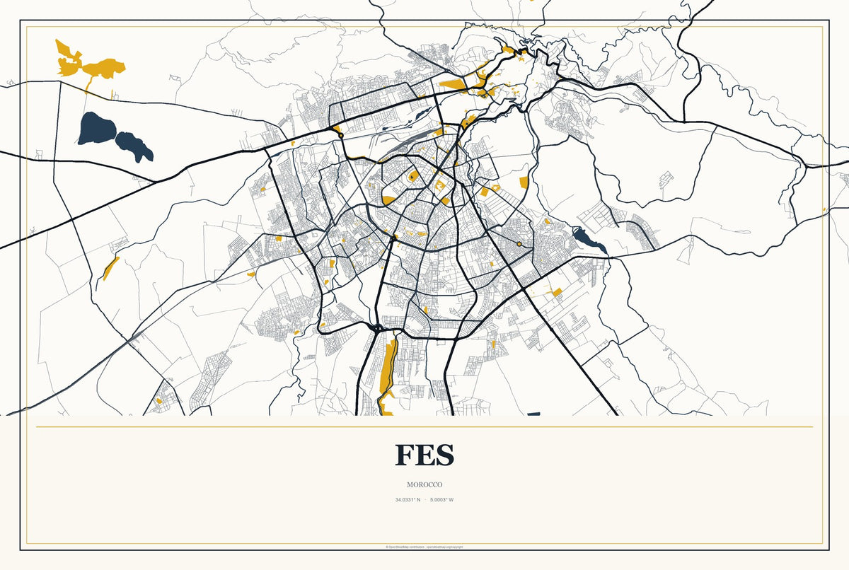 Fes, Morocco City Map Aluminum Sign in Citrine Modern style