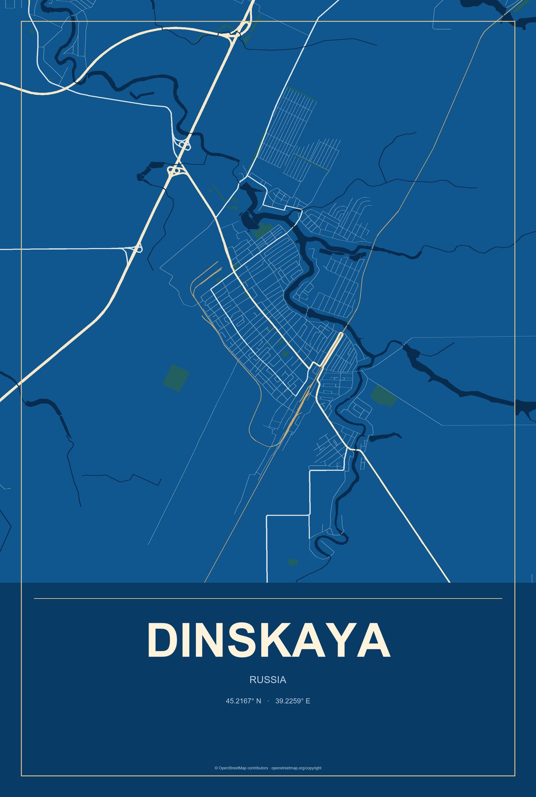 Dinskaya, Russia City Map Aluminum Sign in Harbor Cobalt style