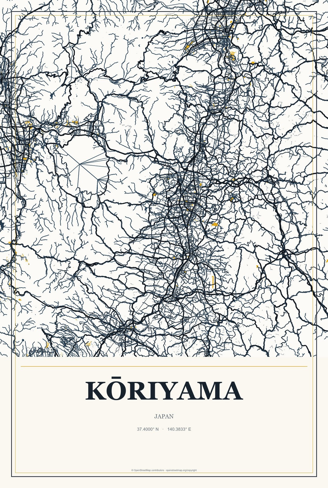 Kōriyama, Japan City Map Aluminum Sign in Citrine Modern style