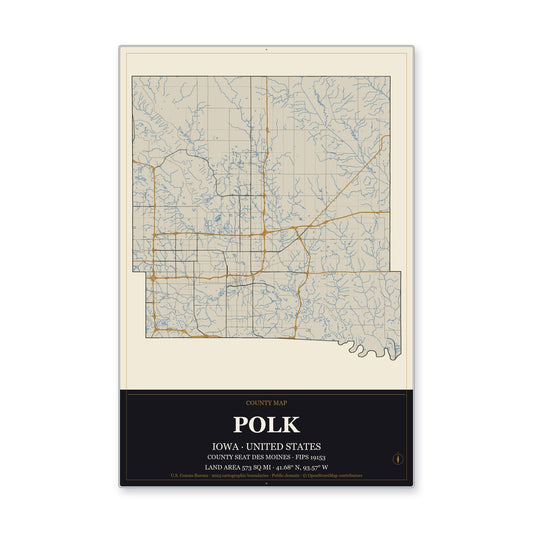 Polk County, Iowa Map Aluminum Sign in Museum Plaque style
