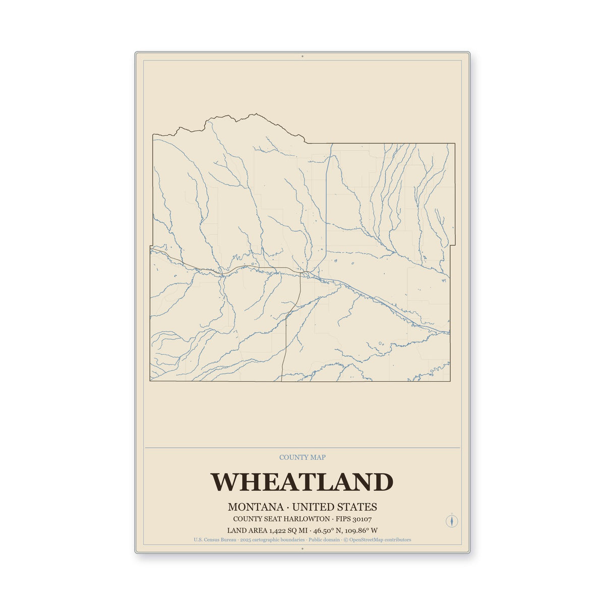 Wheatland County, Montana Map Aluminum Sign in Heritage Nautical style
